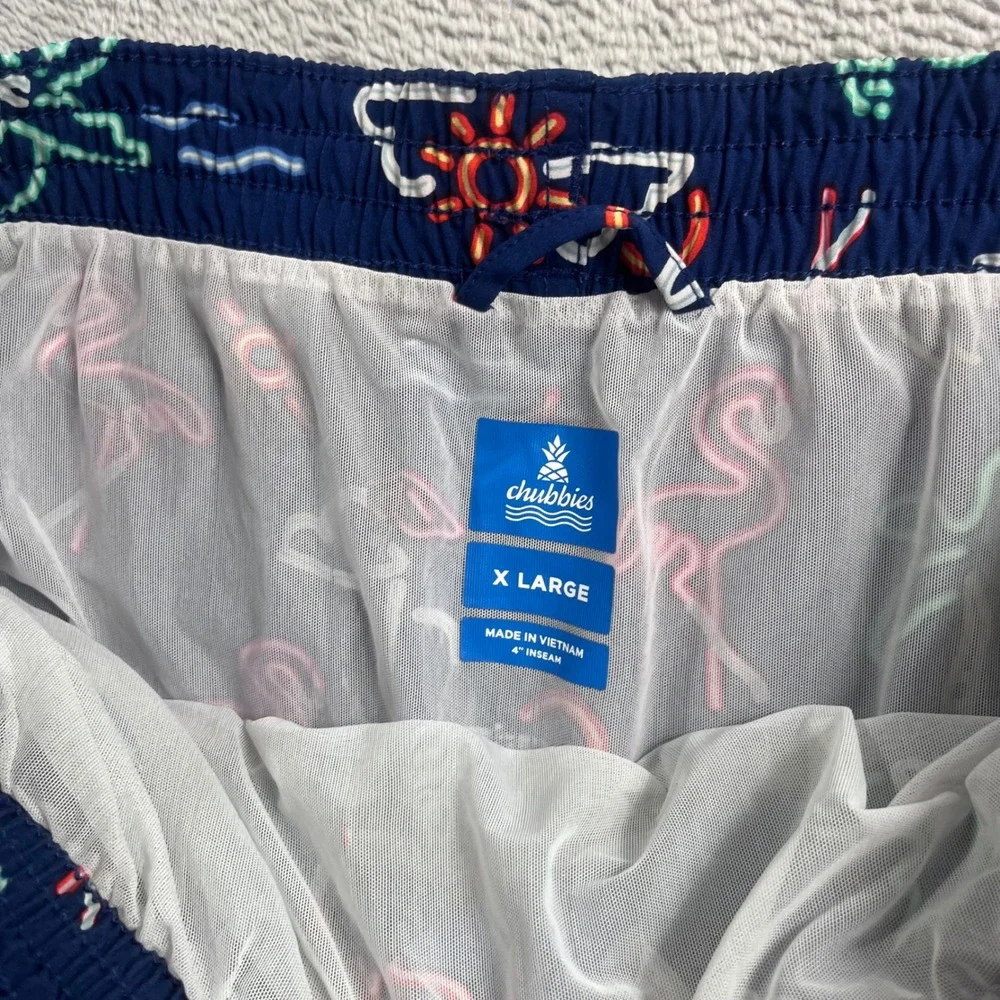 Chubbies Mens XL Swim Trunks Navy Neon Flamingo Palm Tree 4 Inch Inseam Shorts